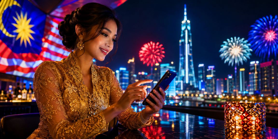 Pengguna wanita berbaju kebaya mengakses kasino mudah alih di Kuala Lumpur dengan gaya